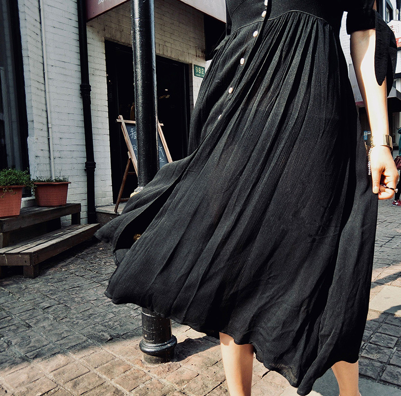 Fashion Black V Neckline Design Pure Color Dress,Long Dress