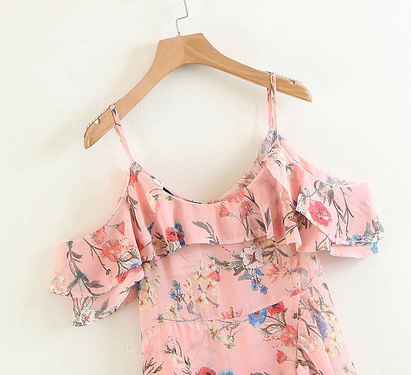 Fashion Pink Flower Shape Pattern Suspender Dress,Long Dress