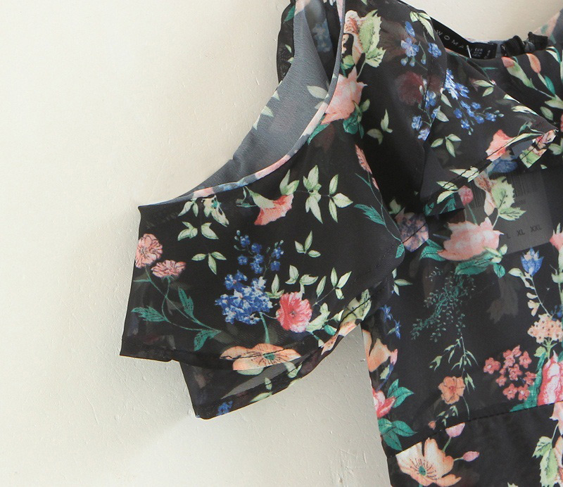 Fashion Black Flower Shape Pattern Suspender Dress,Long Dress