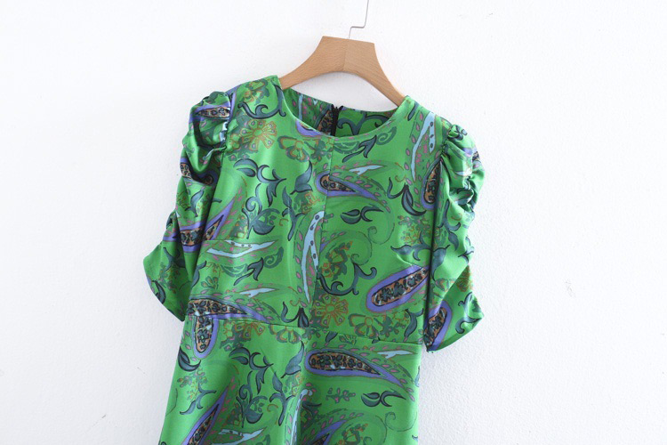 Fashion Green Flower Shape Pattern Decorated Round Neckline Dress,Long Dress