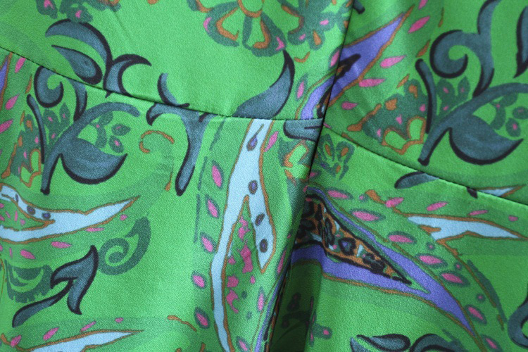 Fashion Green Flower Shape Pattern Decorated Round Neckline Dress,Long Dress