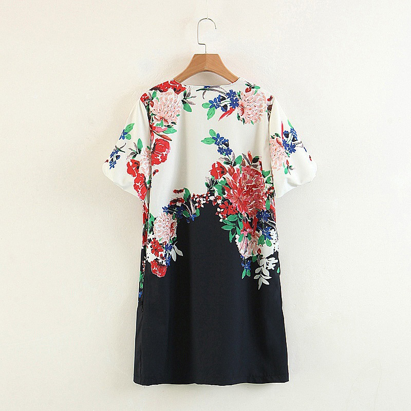 Fashion Black+white V Neckline Design Flower Pattern Dress,Mini & Short Dresses