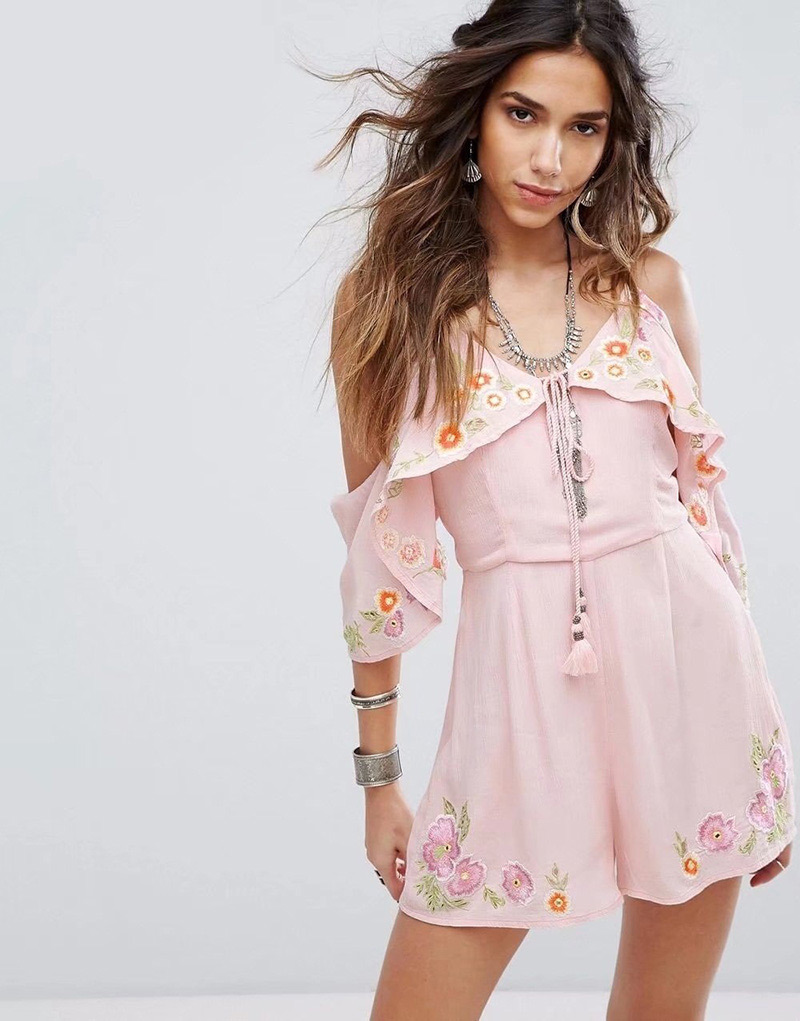 Fashion Pink Embroidery Flower Decorated Suspender Jumpsuits,Pants