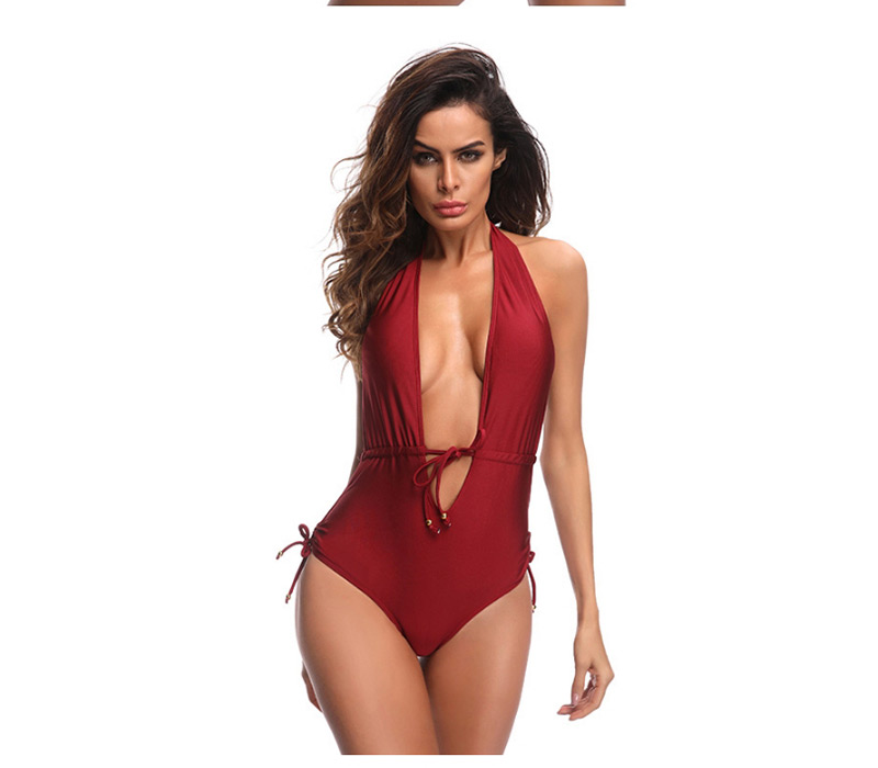 Sexy Claret-red Pure Color Decorated Swimwear,One Pieces
