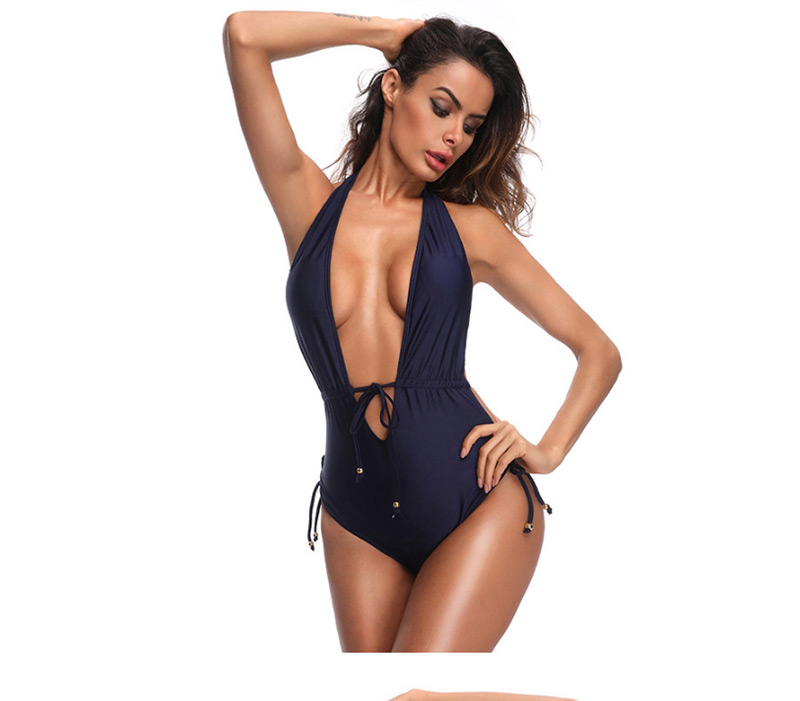 Sexy Navy Pure Color Decorated Swimwear,One Pieces