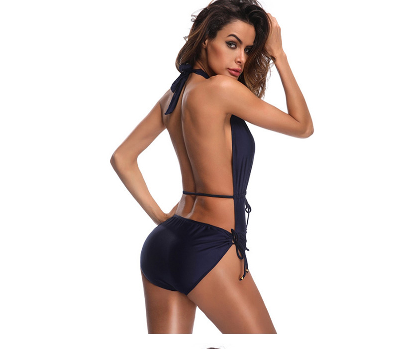 Sexy Navy Pure Color Decorated Swimwear,One Pieces