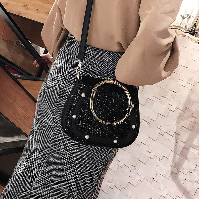 Fashion Black Paillette Decorated Round Bag,Handbags