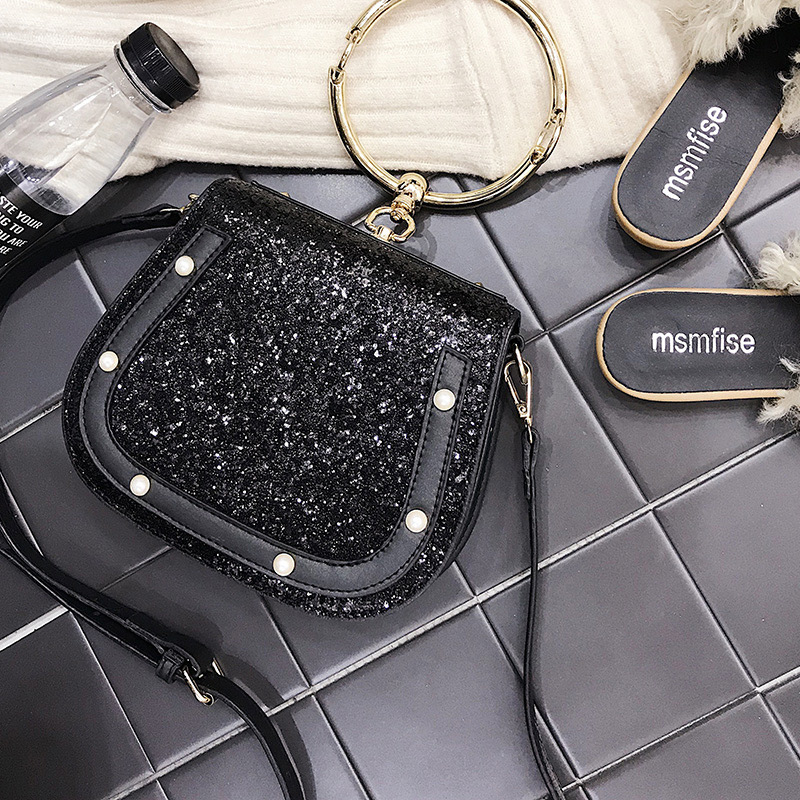 Fashion Black Paillette Decorated Round Bag,Handbags