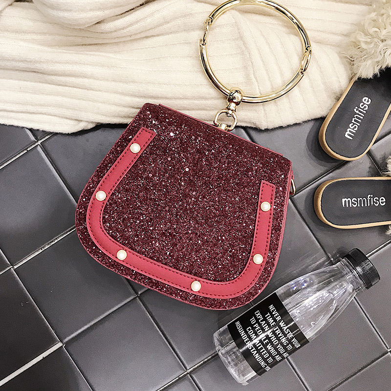 Fashion Claret-red Paillette Decorated Round Bag,Handbags