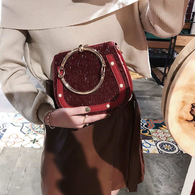 Fashion Claret-red Paillette Decorated Round Bag,Handbags