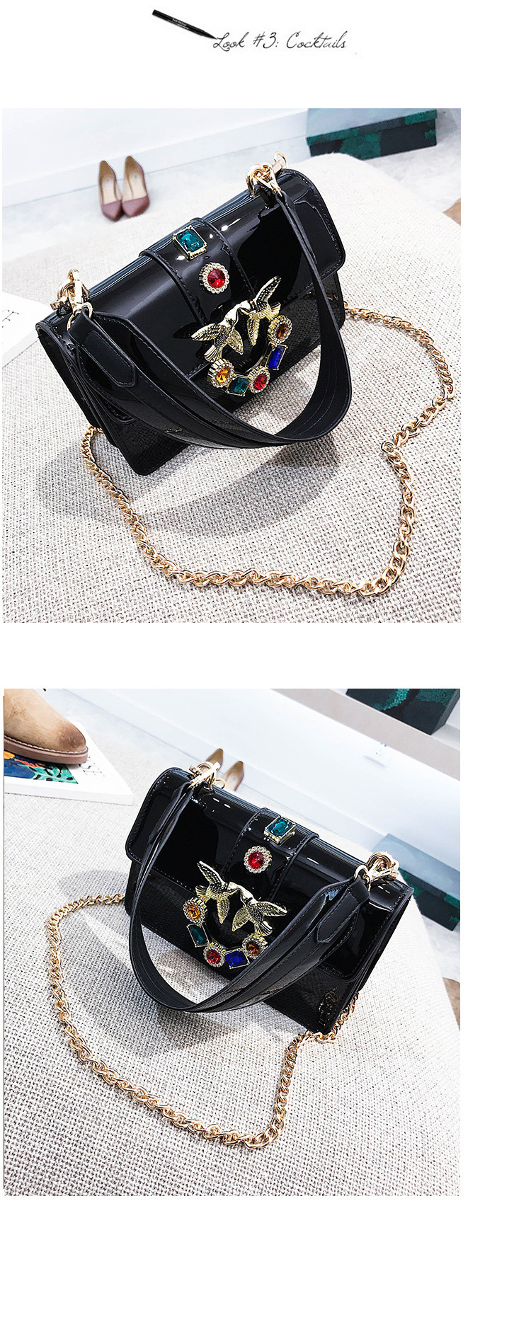 Fashion Black Diamond Decorated Square Bag,Shoulder bags
