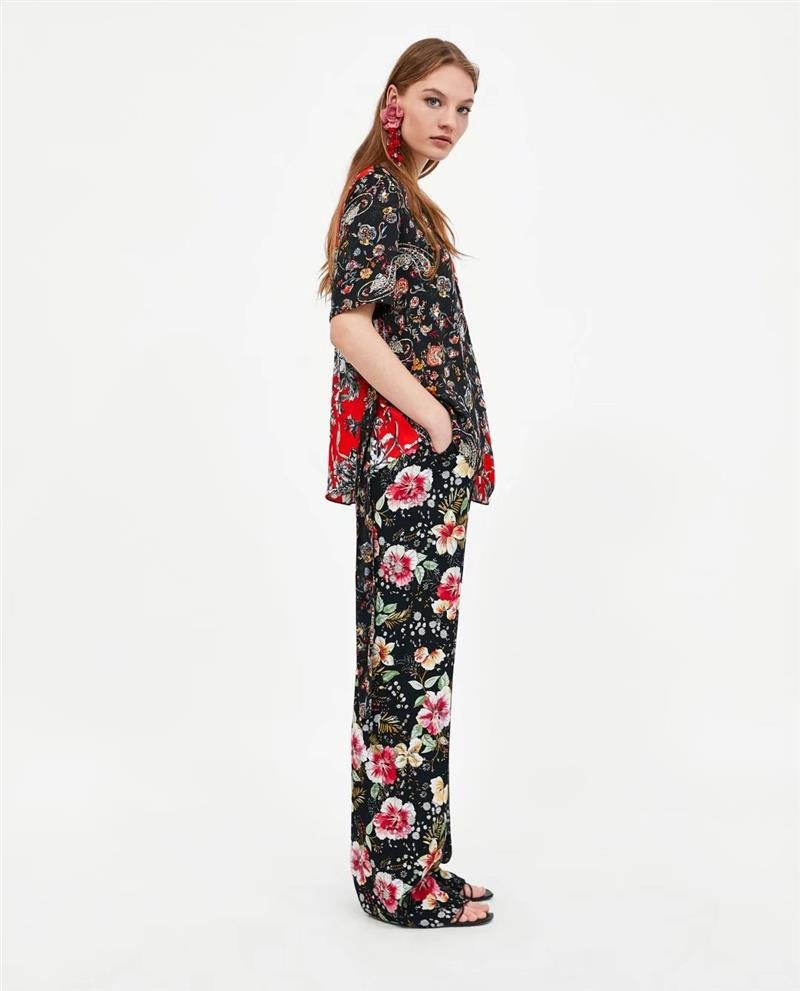 Fashion Black Flower Pattern Decorated Trousers,Pants