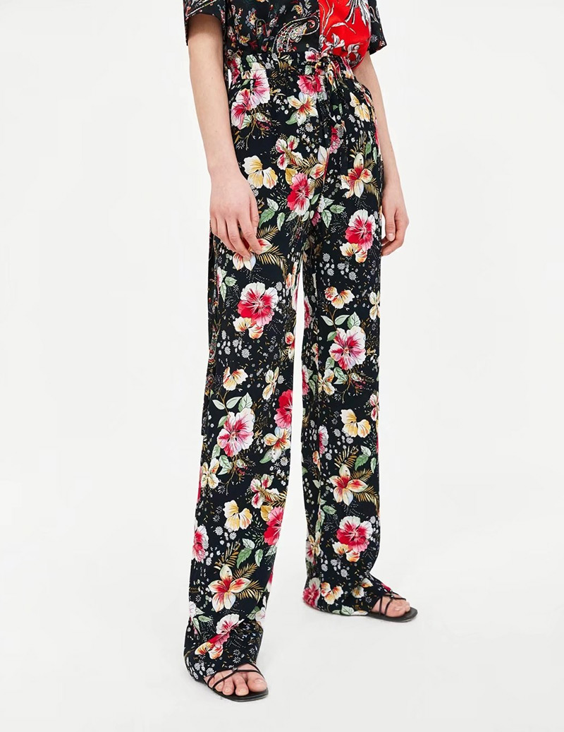 Fashion Black Flower Pattern Decorated Trousers,Pants