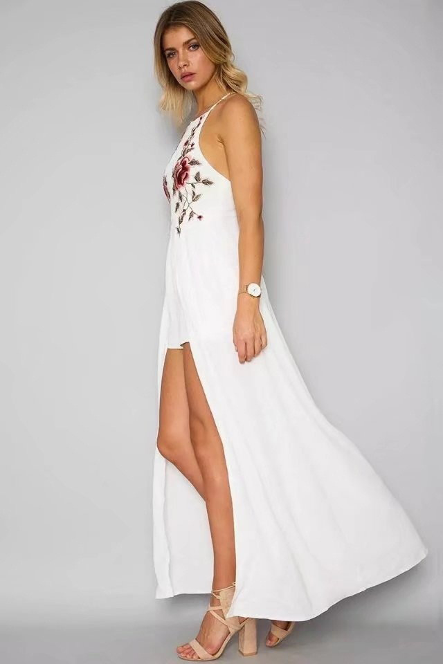 Fashion White Flower Pattern Decorated Dress,Long Dress