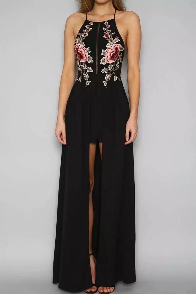 Fashion Black Flower Pattern Decorated Dress,Long Dress