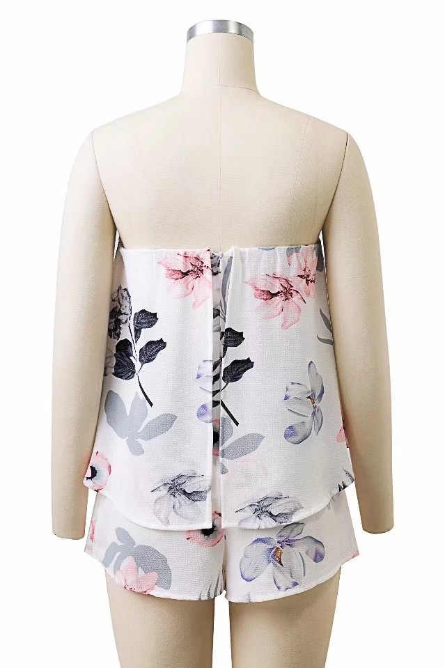 Fashion White+gray Flower Pattern Decorated Jumpsuit,Mini & Short Dresses