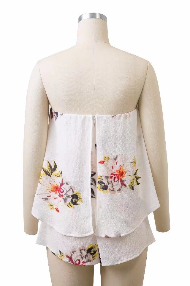 Fashion White+gray Flower Pattern Decorated Jumpsuit,Mini & Short Dresses