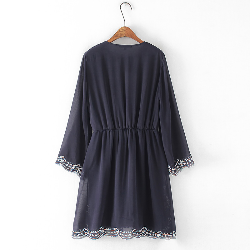 Fashion Navy Embroidery Flower Design Long Sleeves Dress,Long Dress