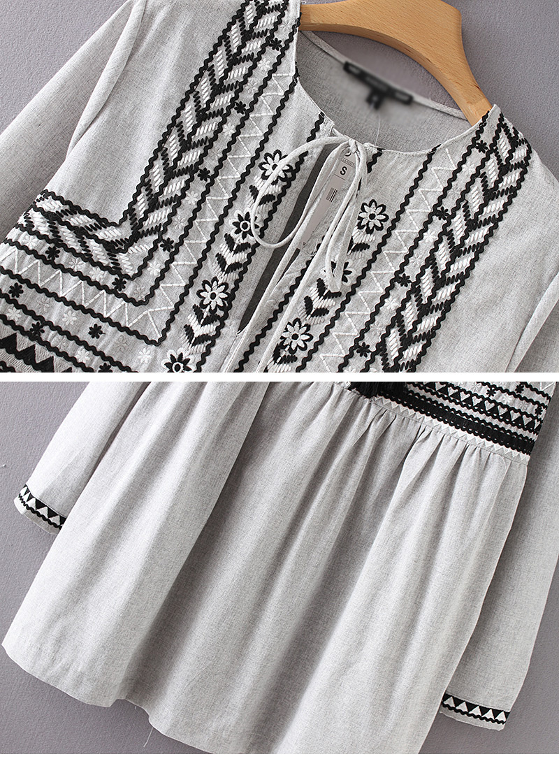 Fashion Gray Embroidery Flower Design Long Sleeves Dress,Long Dress