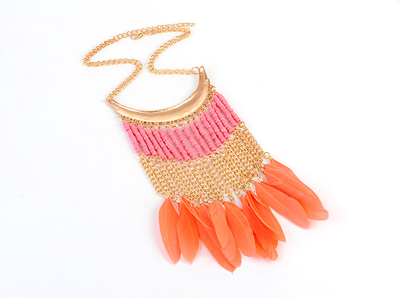 Fashion Pink Tassel Design Feather Necklace,Beaded Necklaces