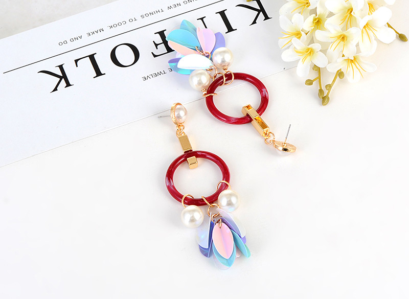 Elegant Claret Red Pearls&circular Ring Decorated Earrings,Drop Earrings