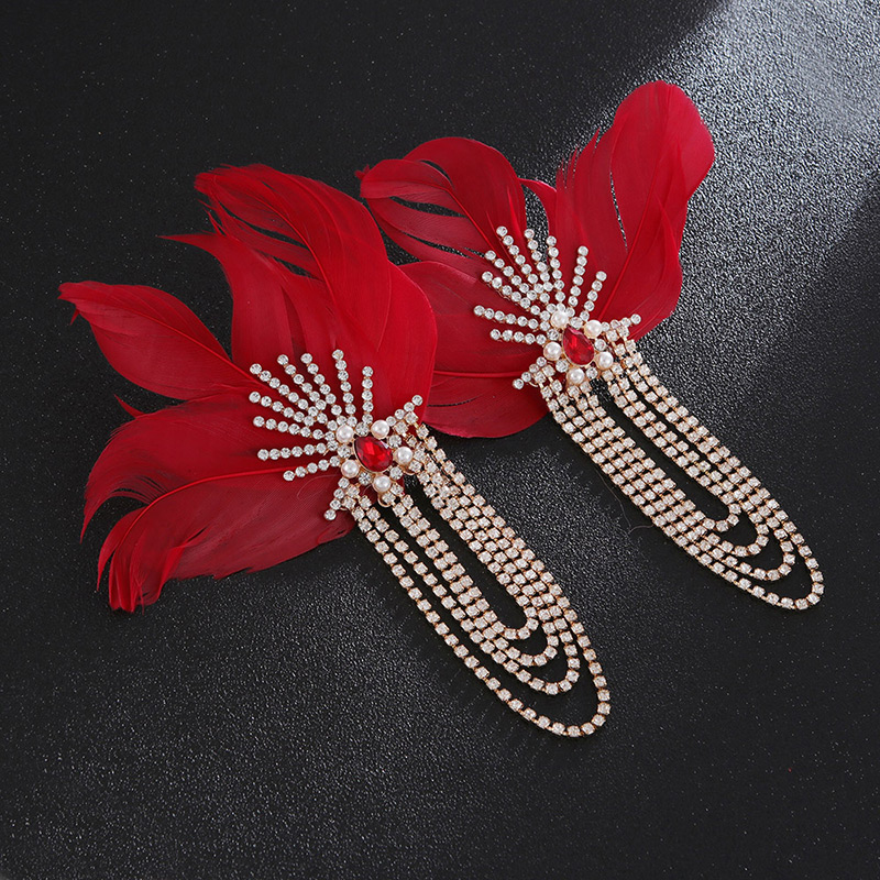 Fashion Red Tassel Decorated Feather Earrings,Drop Earrings