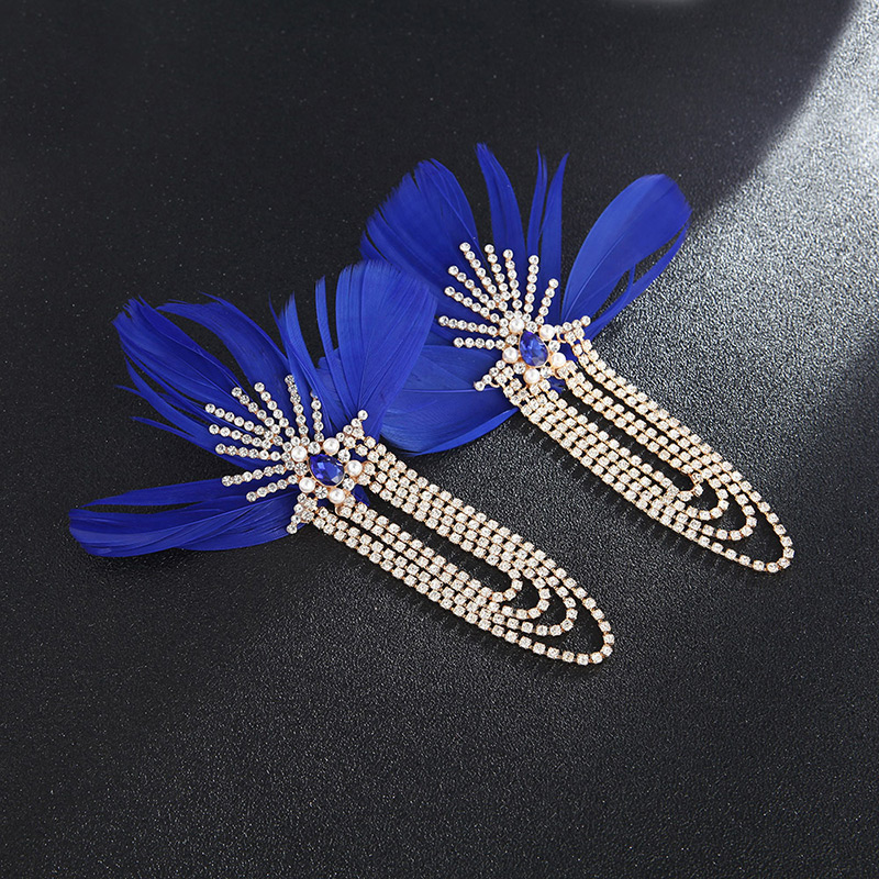 Fashion Blue Tassel Decorated Feather Earrings,Drop Earrings