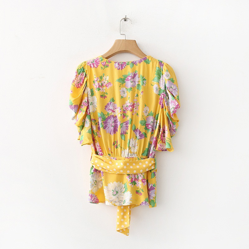 Fashion Yellow Flower Pattern Decorated Shirt,Tank Tops & Camis