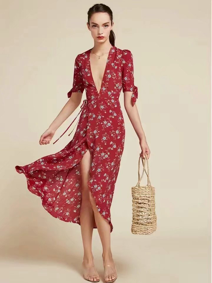Fashion Red Flower Pattern Decorated V Neckline Dress,Long Dress