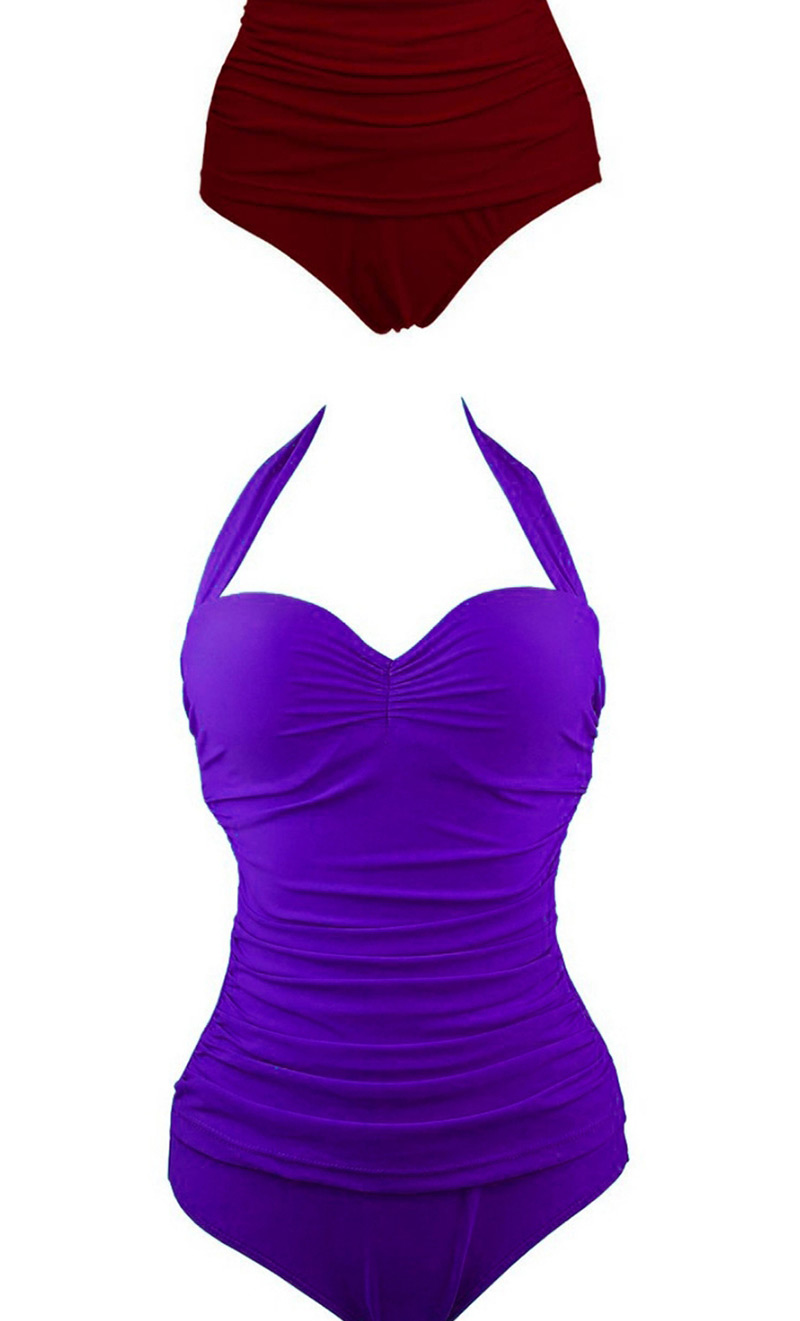 Fashion Claret Red Pure Color Decorated Swimwear,One Pieces
