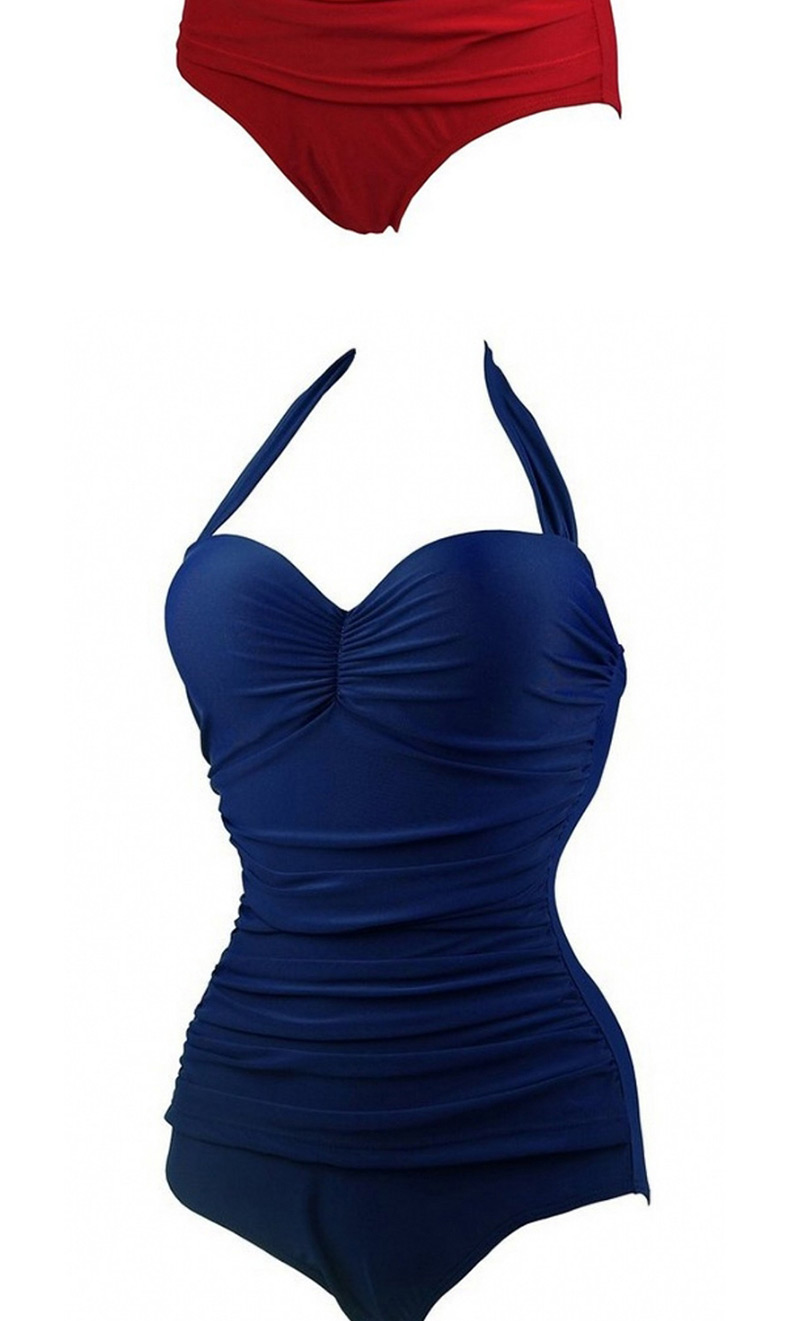 Fashion Blue Pure Color Decorated Swimwear,One Pieces