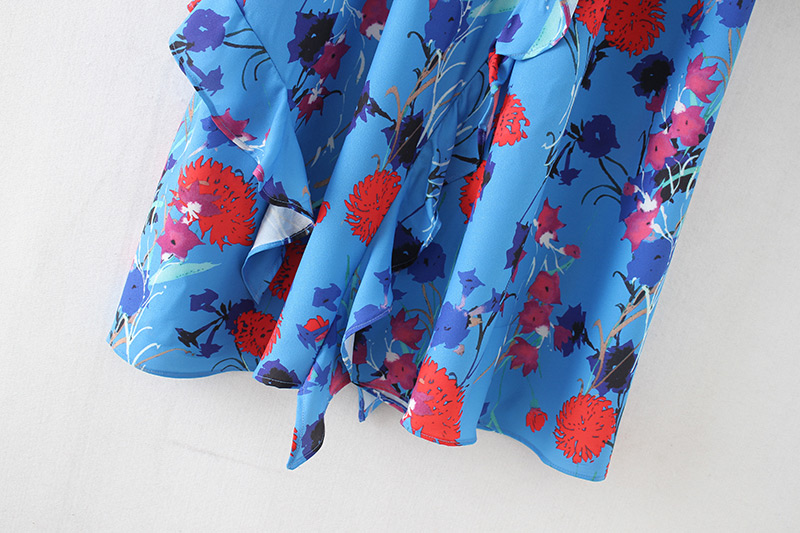 Fashion Blue Flower Pattern Decorated Dress,Long Dress