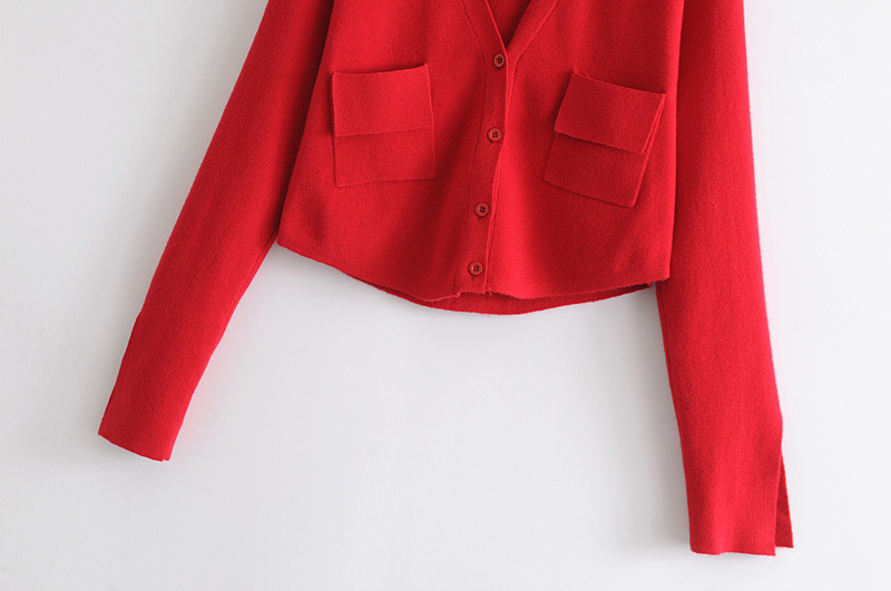 Vintage Red Pure Color Design Long Sleeves Coat,Sweater