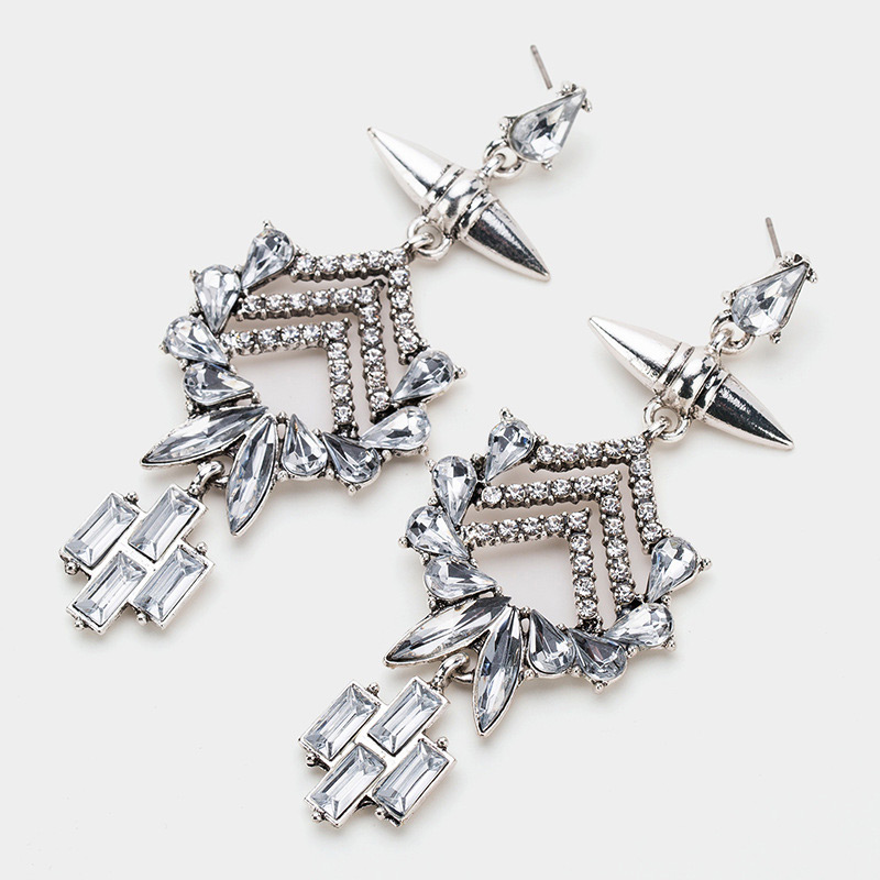 Elegant Silver Color Geomtric Shape Diamond Decorated Earrings,Drop Earrings