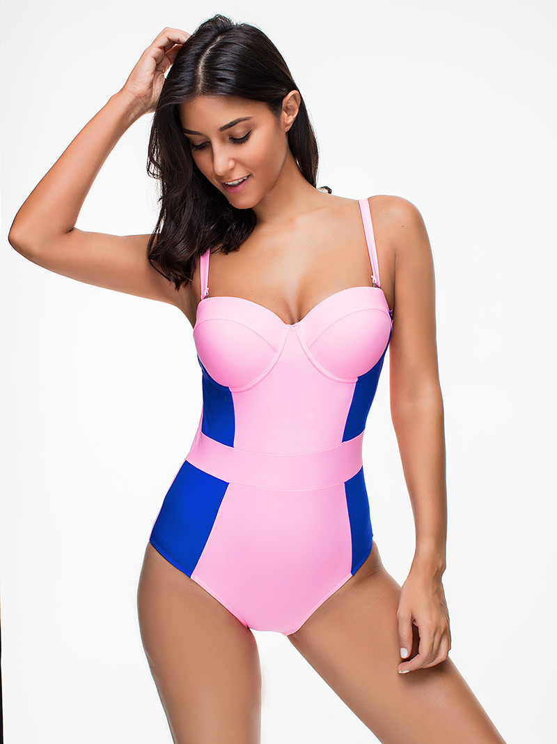Sexy Pink+blue Color Matching Design Larger Size Swimsuit,One Pieces