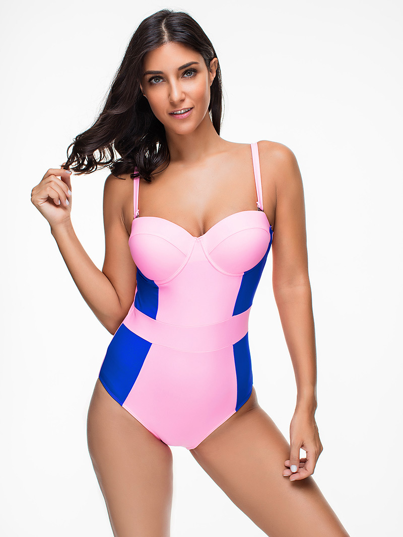 Sexy Pink+blue Color Matching Design Larger Size Swimsuit,One Pieces