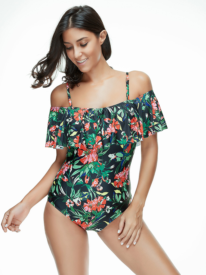 Sexy Black Flowers Pattern Decorated Larger Size Swimsuit,One Pieces
