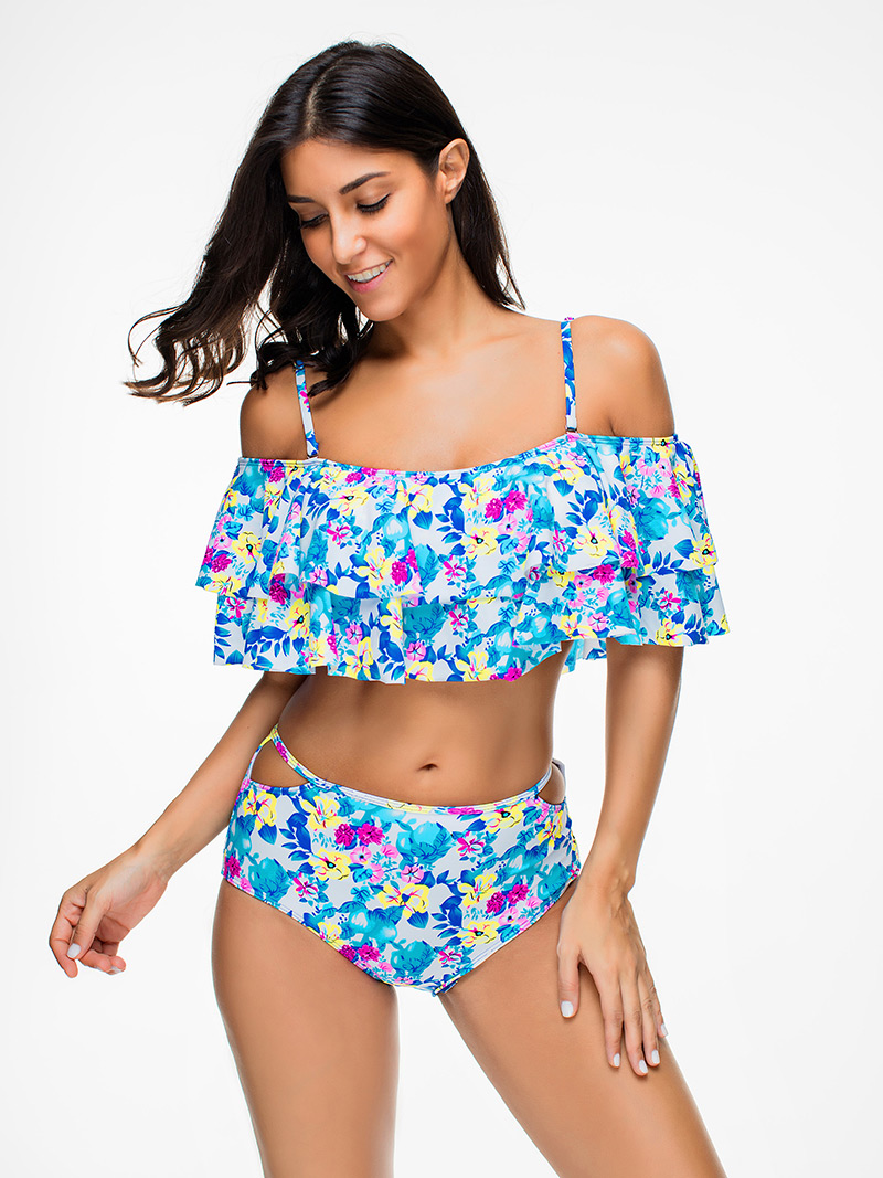 Sexy Blue Flowers Pattern Decorated Larger Size Swimsuit,Swimwear Sets