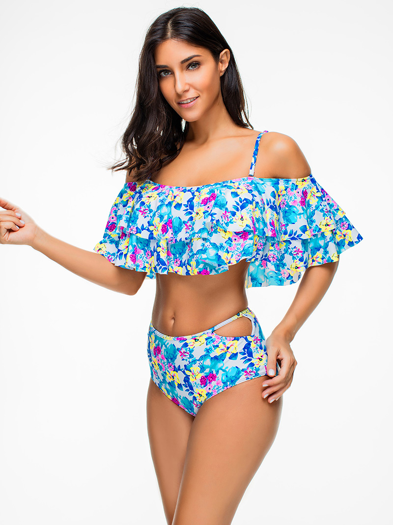 Sexy Blue Flowers Pattern Decorated Larger Size Swimsuit,Swimwear Sets