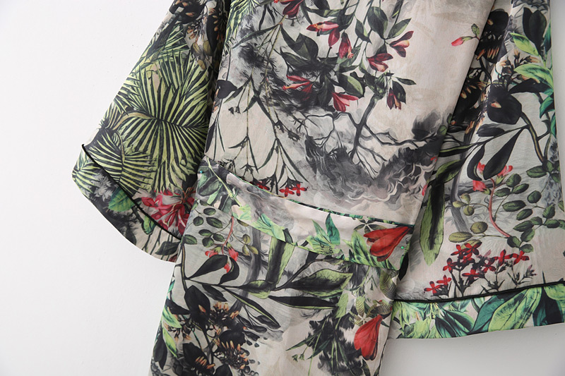 Fashion Green Flower Pattern Decorated Kimono,Coat-Jacket