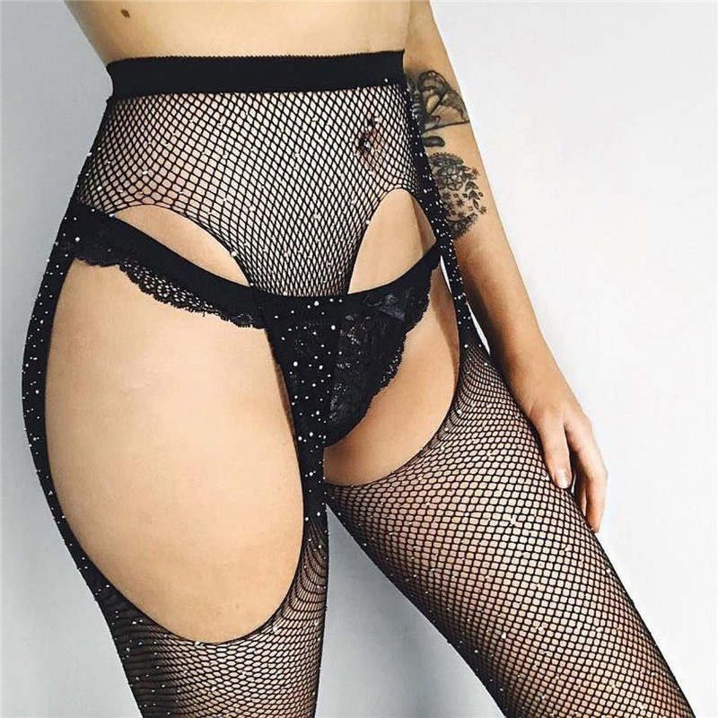 Sexy Black Hollow Out Design Grid Pattern Jumpsuit,Tattoo Stockings