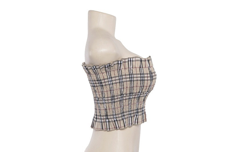Fashion Khaki Off-the-shoulder Design Grid Pattern Vest,Tank Tops & Camis