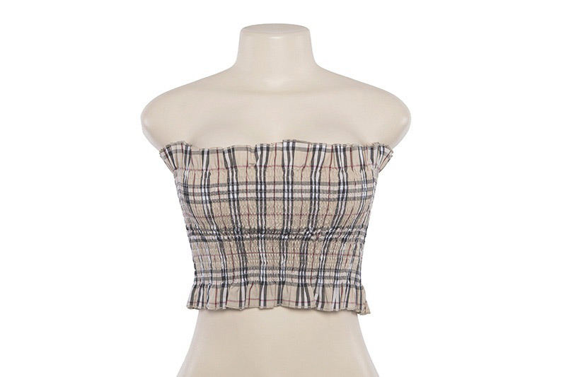Fashion Khaki Off-the-shoulder Design Grid Pattern Vest,Tank Tops & Camis