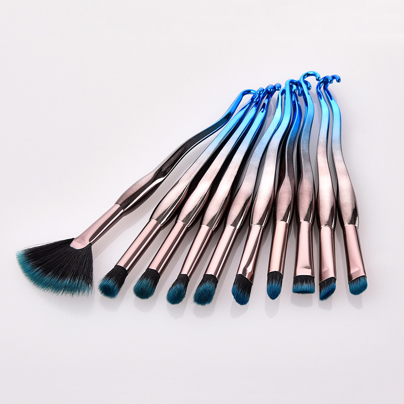 Fashion Blue+black Sector Shape Decorted Makeup Brush (10 Pcs ),Beauty tools