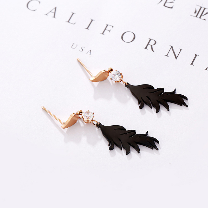 Fashion Rose Gold+black Feather Pattern Decorated Earrings,Earrings