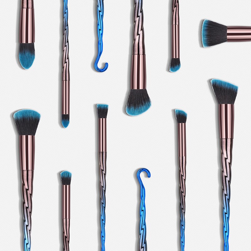Fashion Blue+black Oblique Shape Design Color Matching Cosmetic Brush(10pcs),Beauty tools