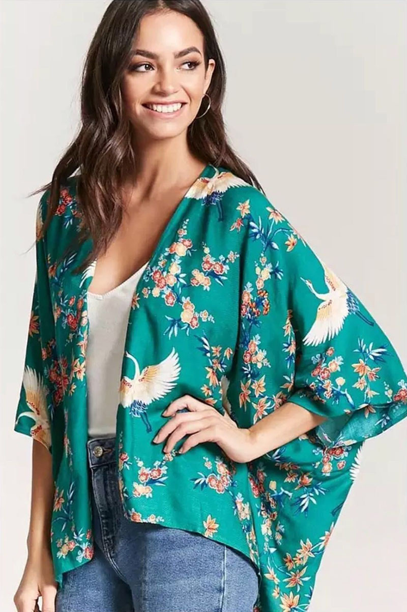 Fashion Green Flowers&crane Pattern Decorated Blouse,Coat-Jacket
