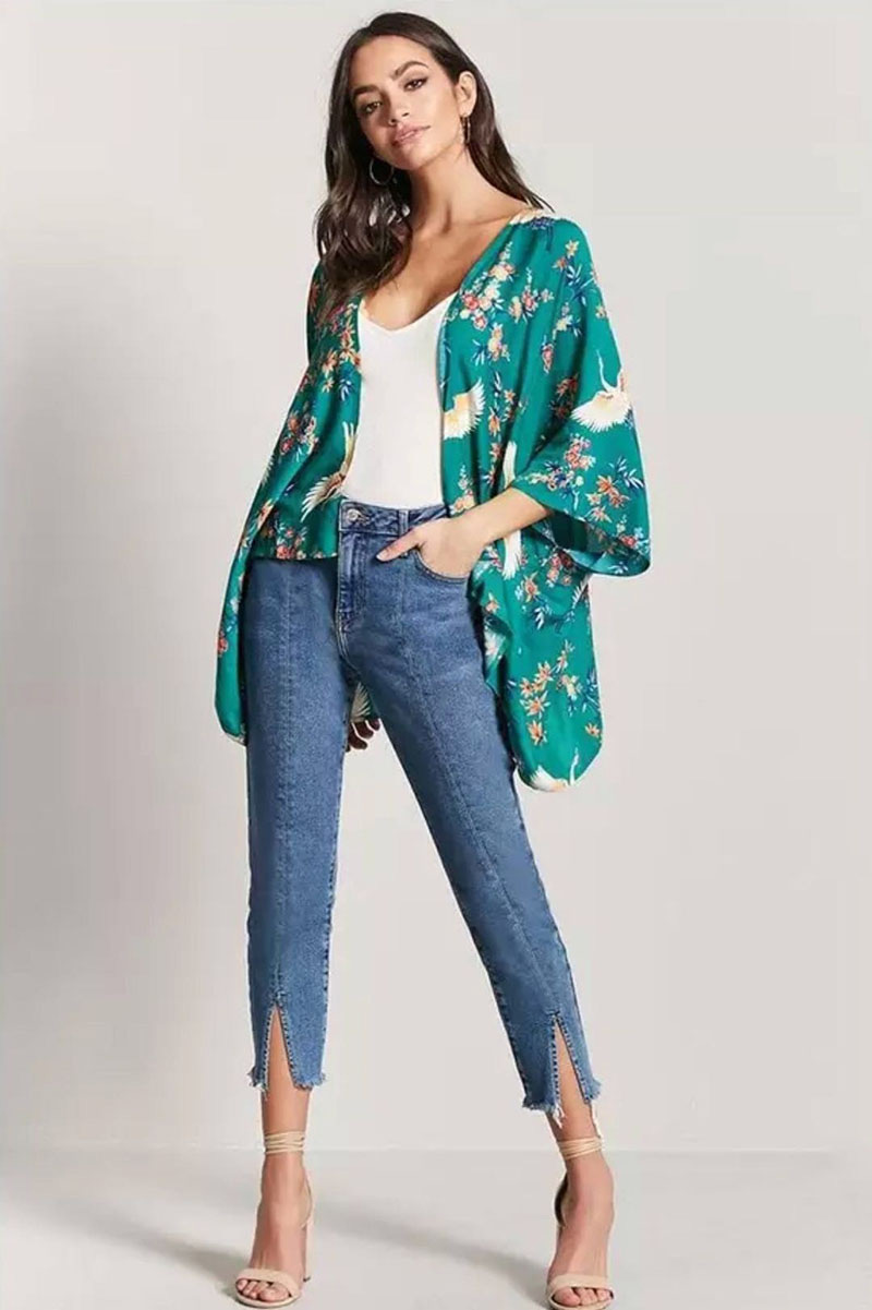 Fashion Green Flowers&crane Pattern Decorated Blouse,Coat-Jacket