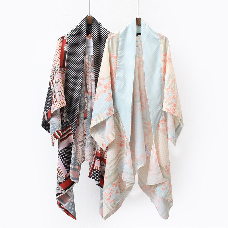 Fashion Beige Flowers Pattern Decorated Loose Kimono,Coat-Jacket
