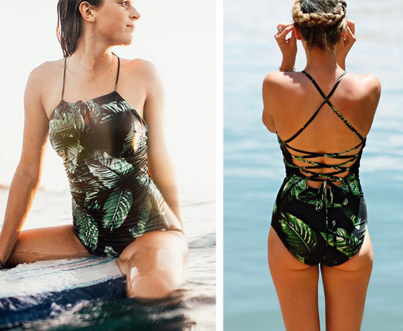 Sexy Green Leaf Pattern Design Off-the-shoulder Bikini,One Pieces